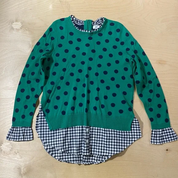 crown & ivy Green Sweater with Navy and White Gingham Trim Medium (QW) - Picture 2 of 7